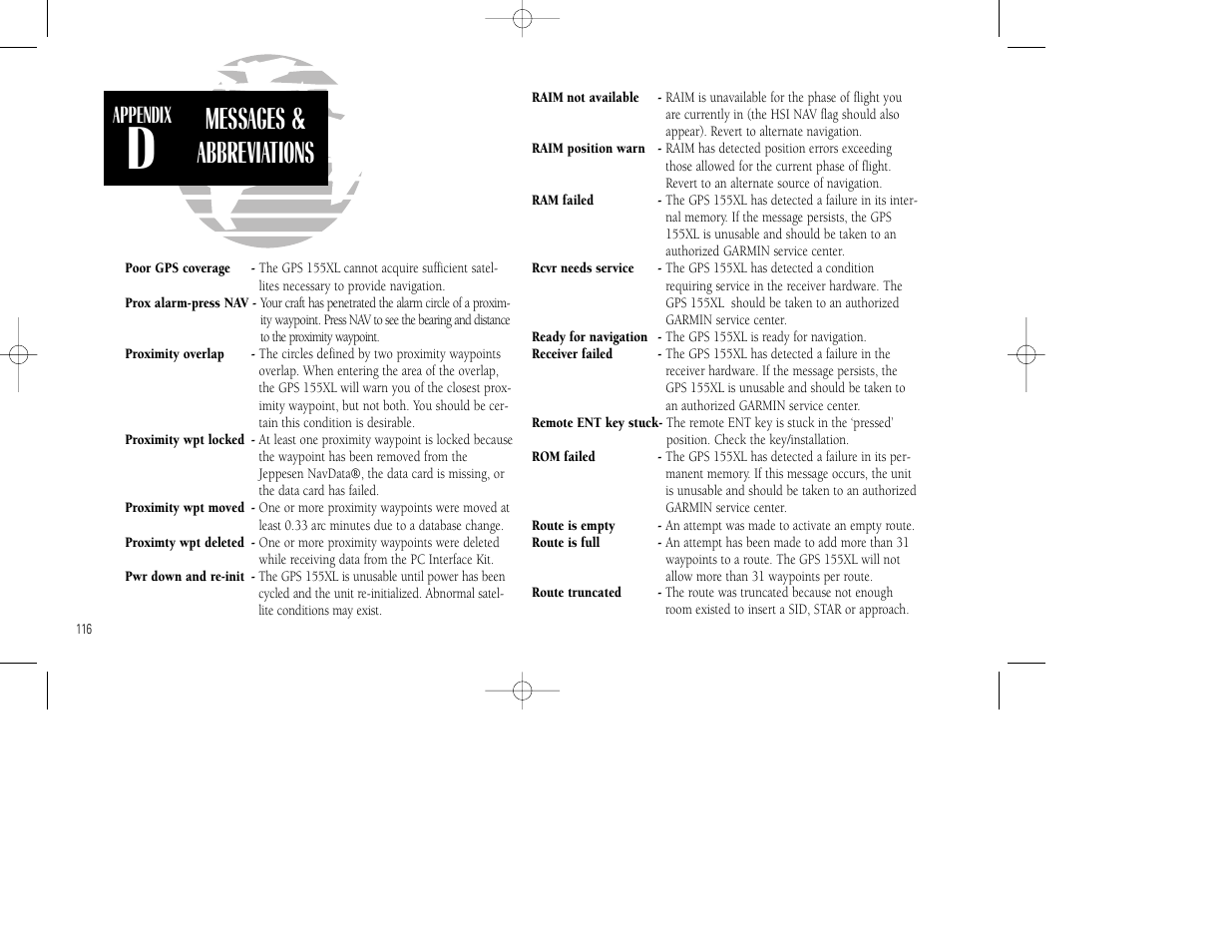 Messages & abbreviations, Appendix | Garmin GPS 155XL TSO User Manual | Page 126 / 146