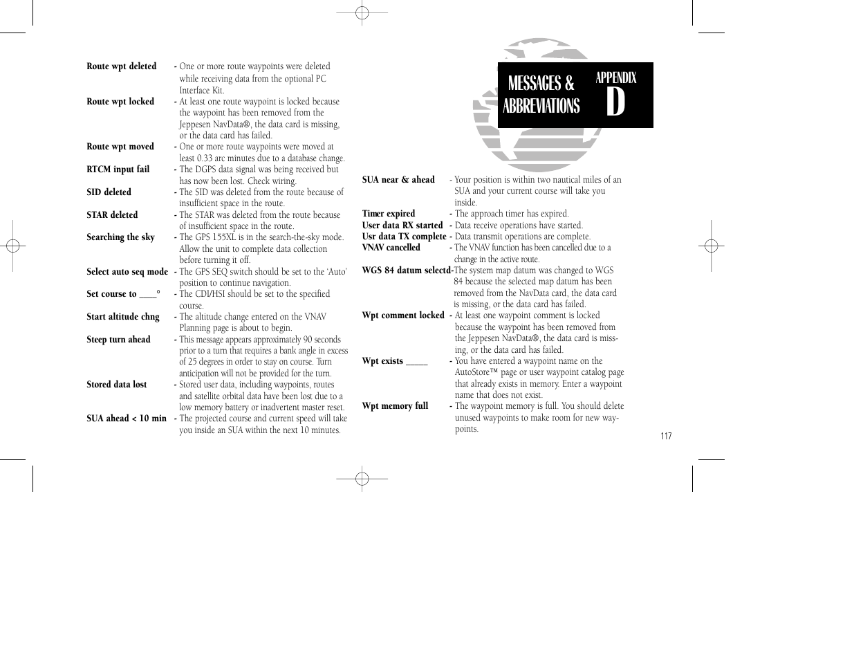 Messages & abbreviations, Appendix | Garmin GPS 155XL TSO User Manual | Page 127 / 146