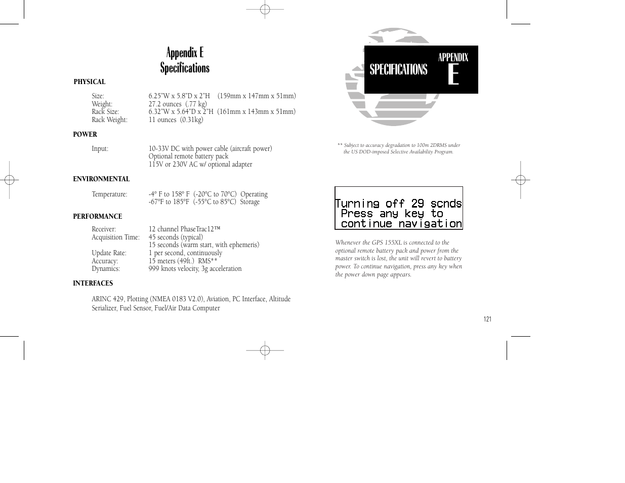 Specifications appendix e specifications | Garmin GPS 155XL TSO User Manual | Page 131 / 146