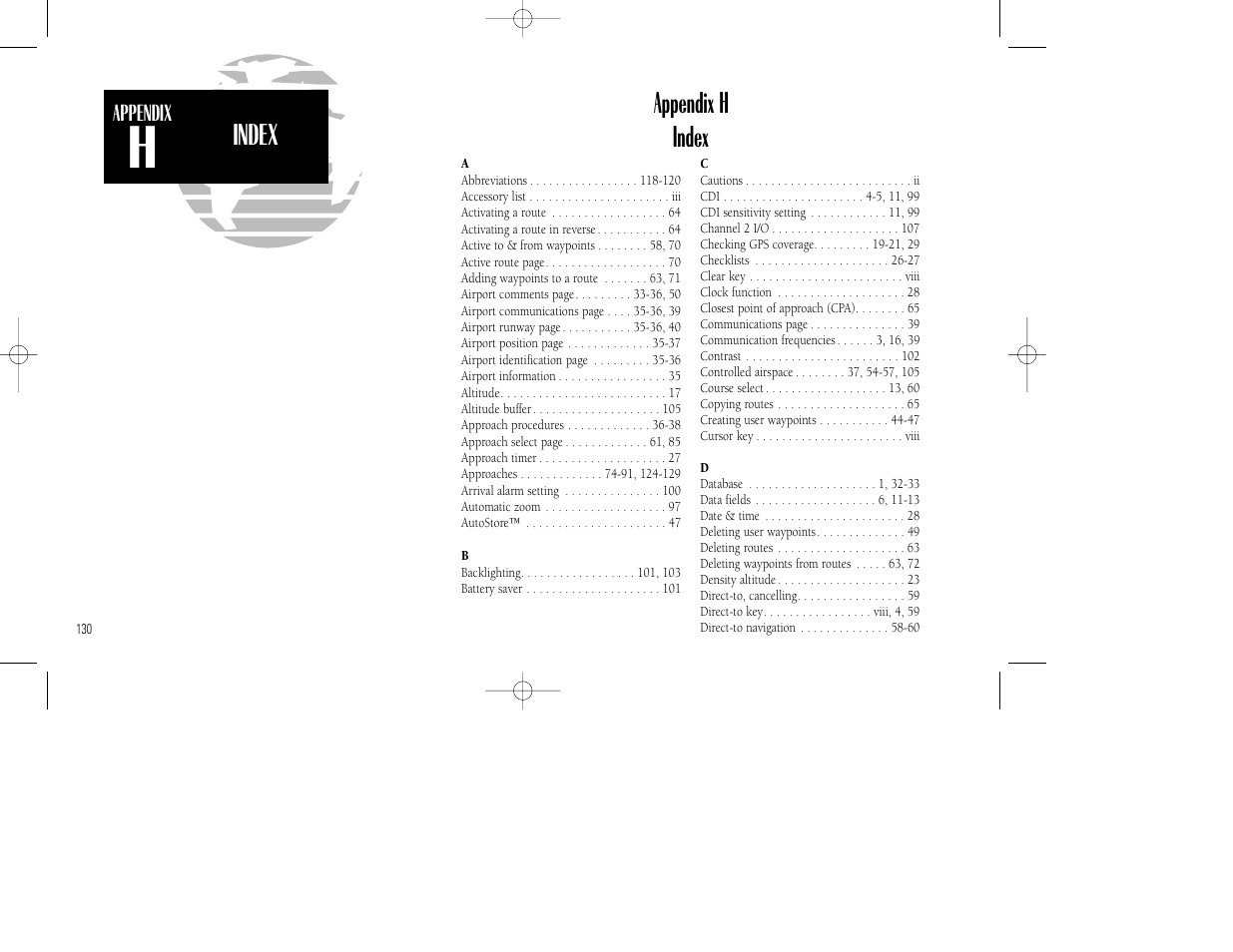 Index appendix h index | Garmin GPS 155XL TSO User Manual | Page 140 / 146