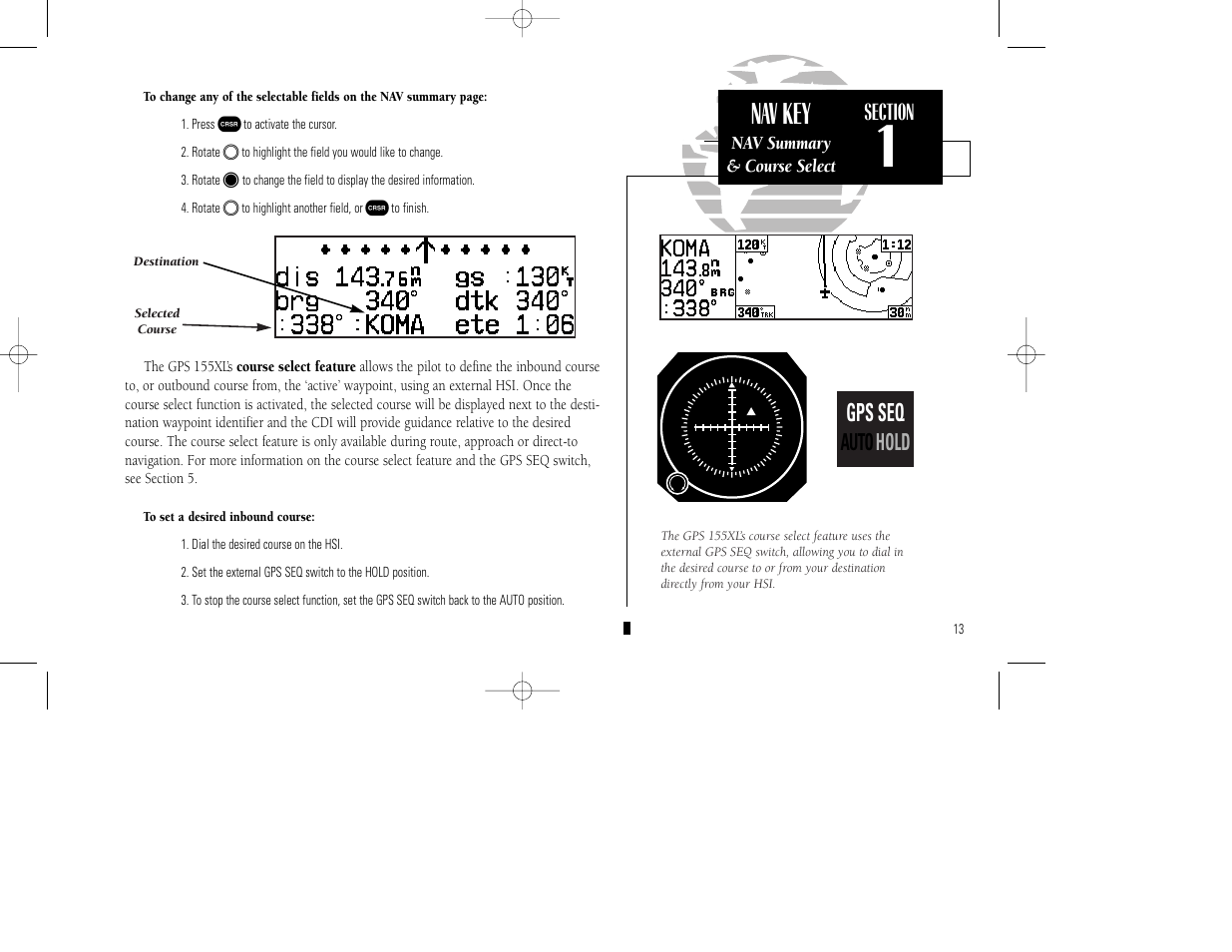 Nav key, Gps seq, Auto hold | Garmin GPS 155XL TSO User Manual | Page 23 / 146