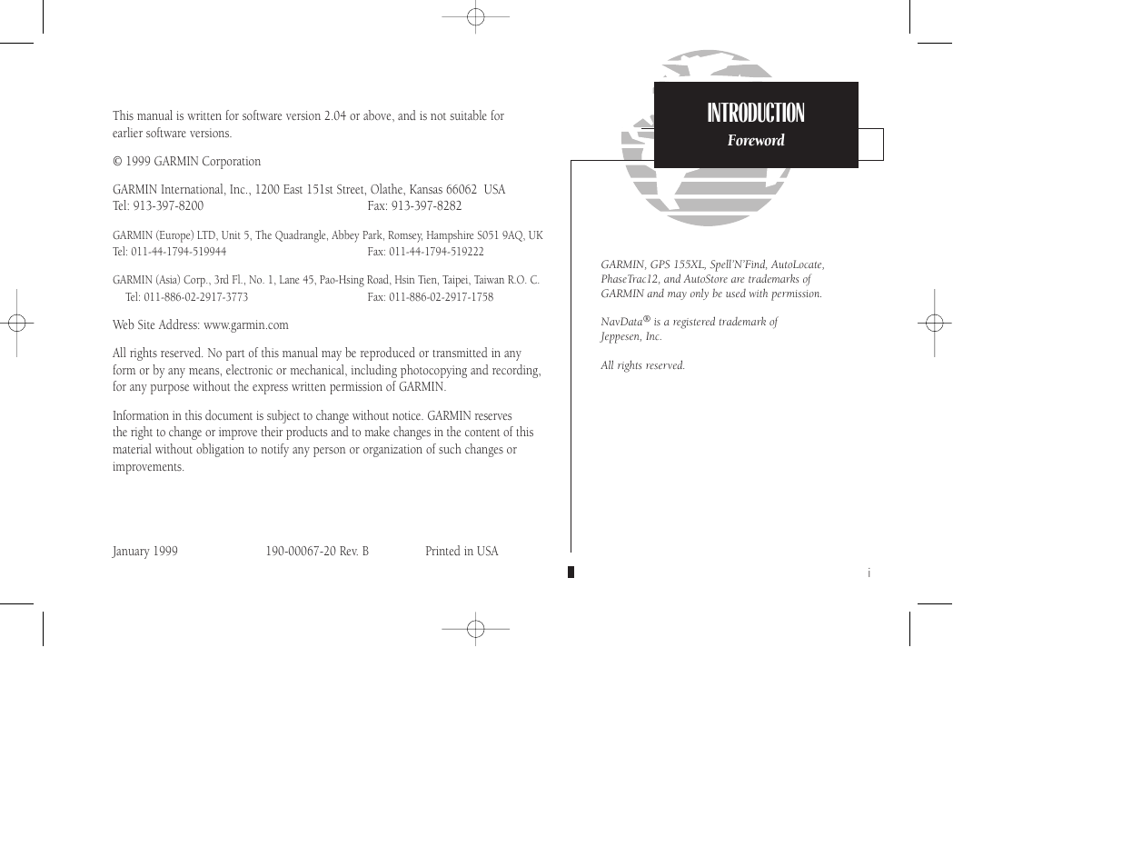 Introduction | Garmin GPS 155XL TSO User Manual | Page 3 / 146