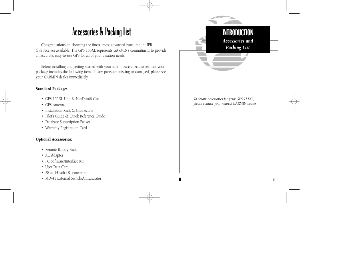 Accessories & packing list, Introduction | Garmin GPS 155XL TSO User Manual | Page 5 / 146
