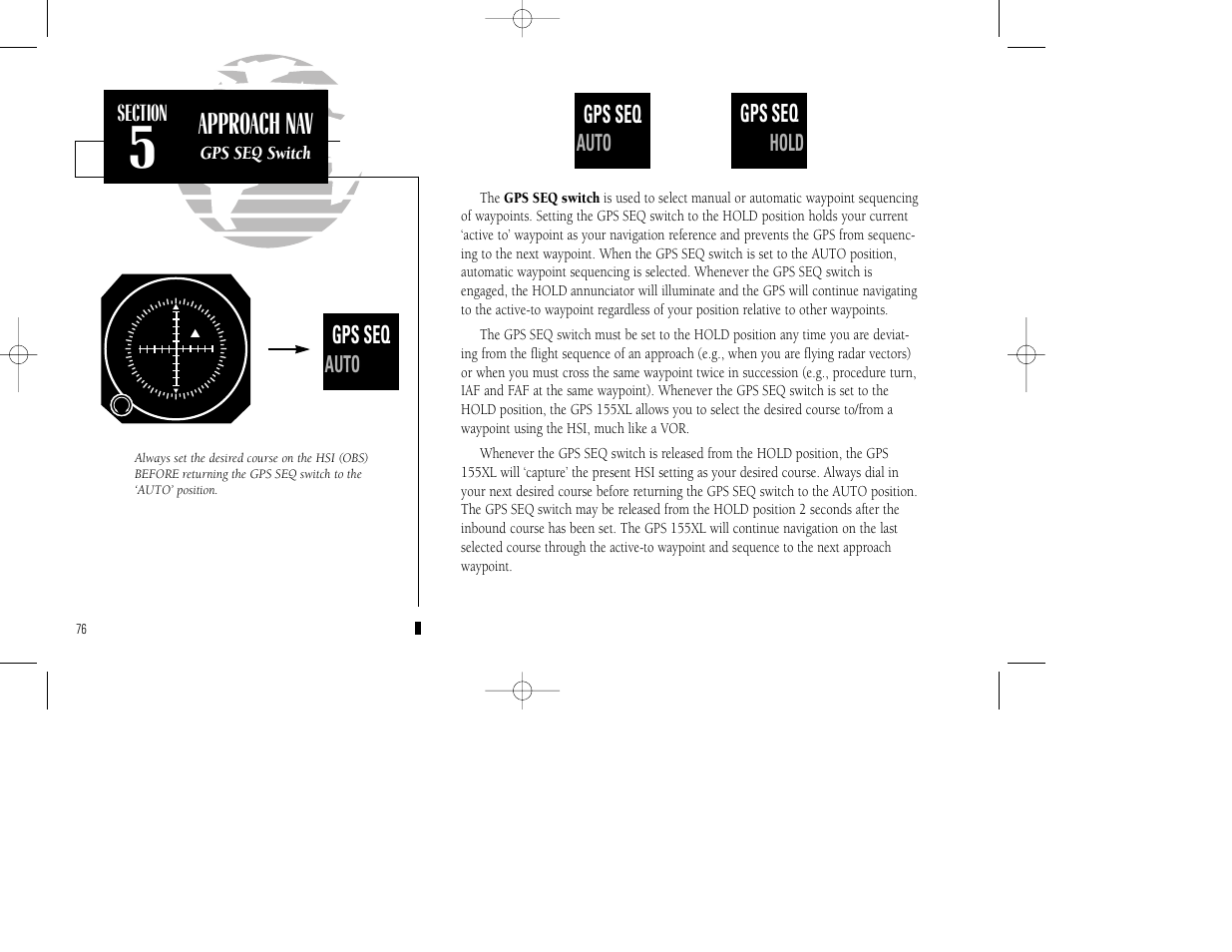 Approach nav, Gps seq, Auto actv | Auto hold | Garmin GPS 155XL TSO User Manual | Page 86 / 146