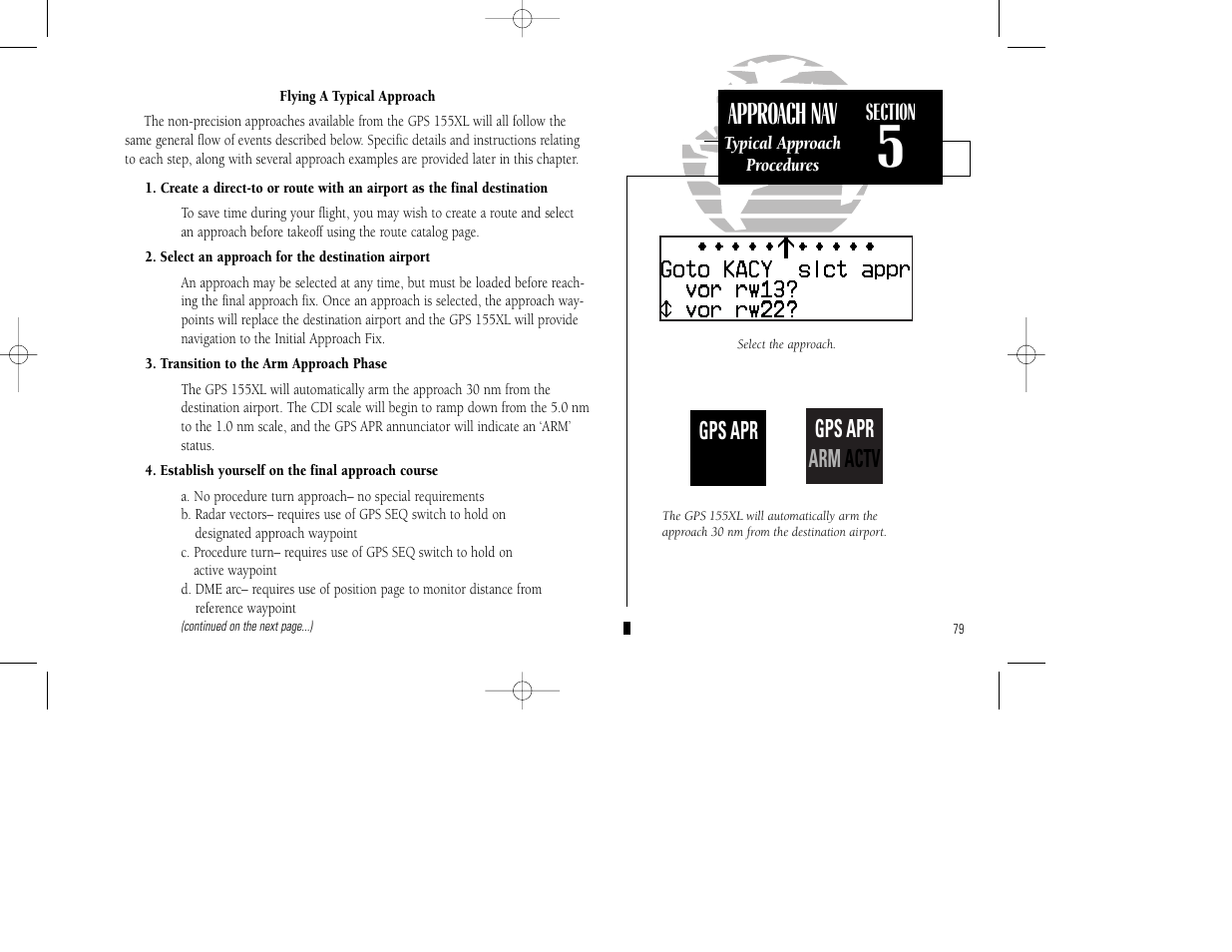 Approach nav, Gps apr arm actv gps apr ctv | Garmin GPS 155XL TSO User Manual | Page 89 / 146