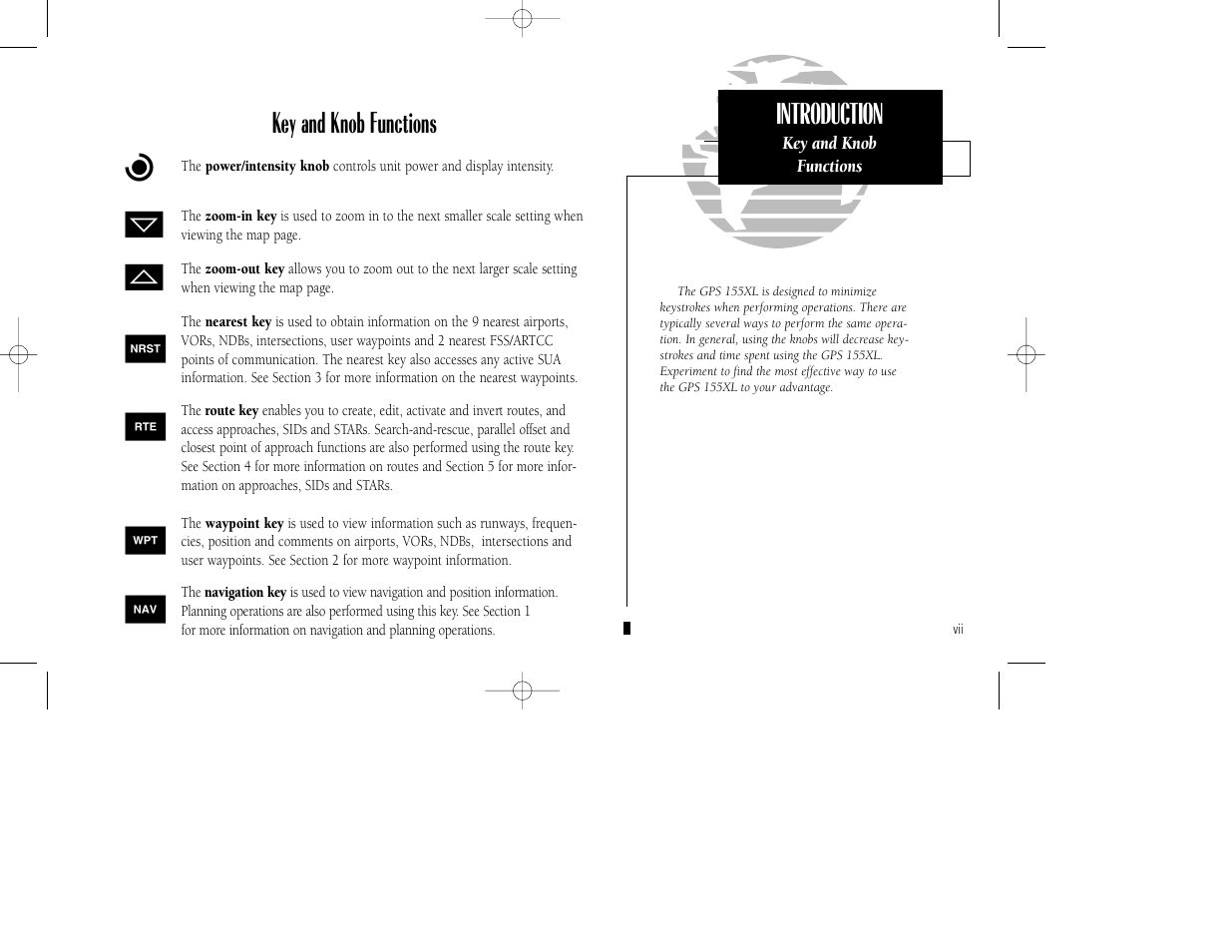 Key and knob functions b, Introduction | Garmin GPS 155XL TSO User Manual | Page 9 / 146