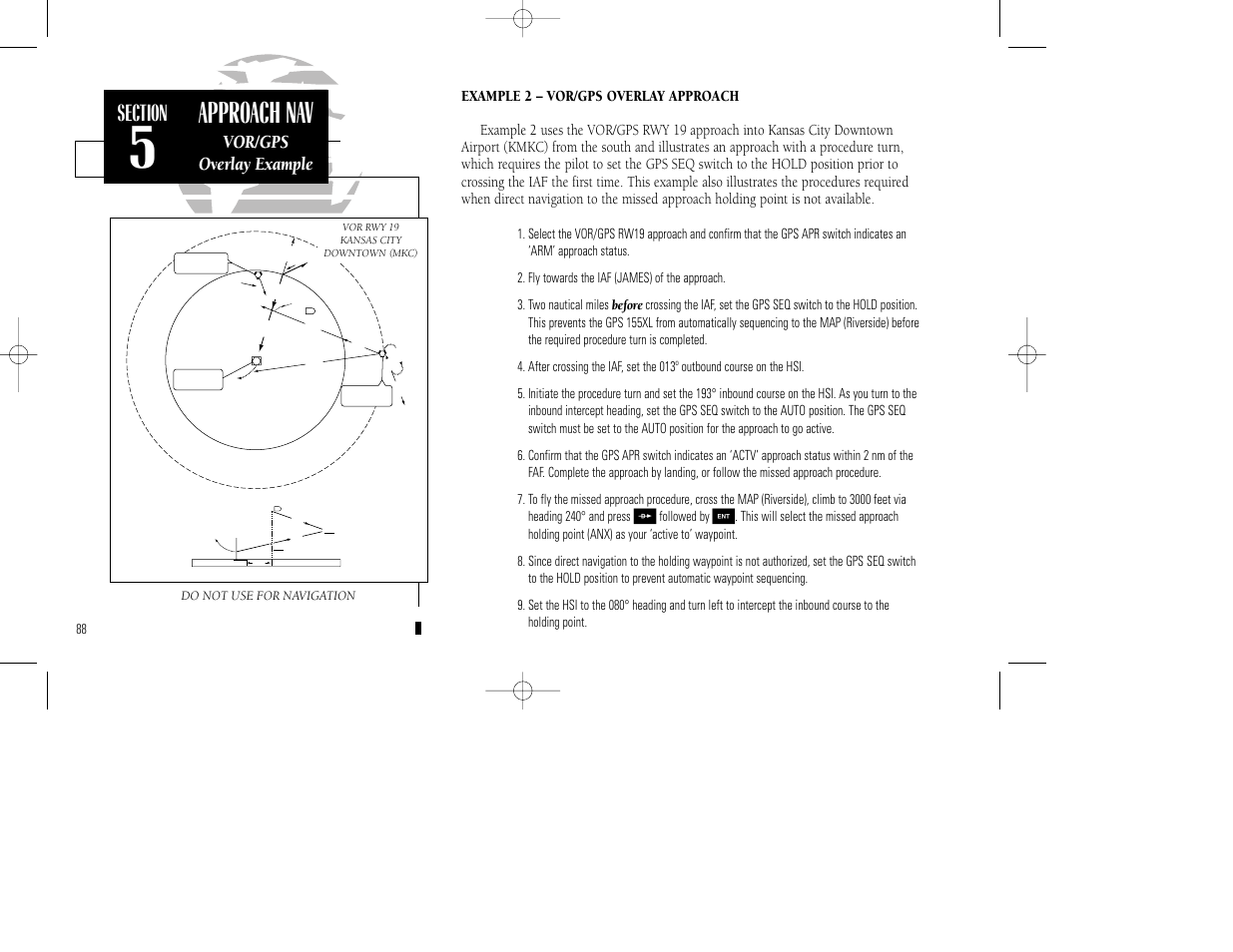 Approach nav, Vor/gps overlay example, Followed by | Do not use for navigation | Garmin GPS 155XL TSO User Manual | Page 98 / 146