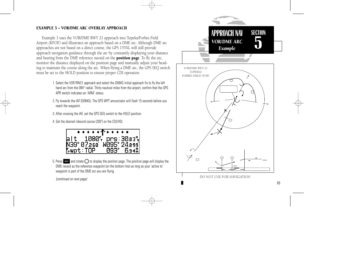 Approach nav, Vor/dme arc example, Continued on next page) | And rotate, Do not use for navigation | Garmin GPS 155XL TSO User Manual | Page 99 / 146