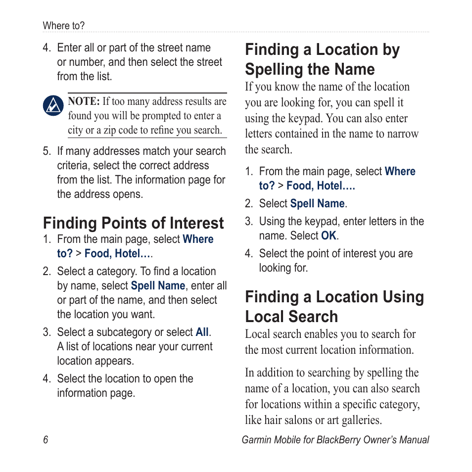 Finding points of interest, Finding a location by spelling the name, Finding a location using local search | Finding.points.of.interest, Finding.a.location.by.spelling.the, Name, Finding.a.location.using, Local.search | Garmin Mobile for BlackBerry User Manual | Page 10 / 28