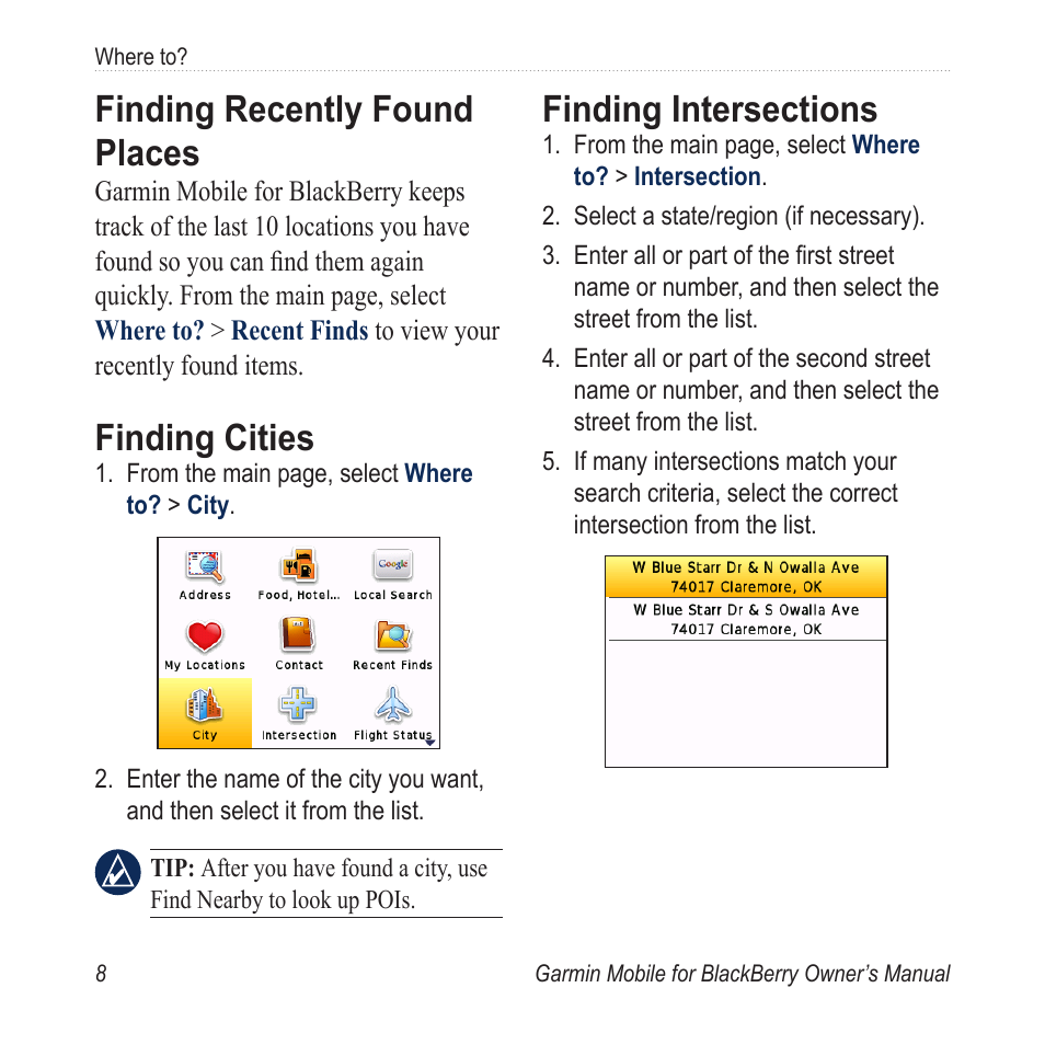 Finding recently found places, Finding cities, Finding intersections | Finding.recently.found.places, Finding.cities, Finding.intersections | Garmin Mobile for BlackBerry User Manual | Page 12 / 28