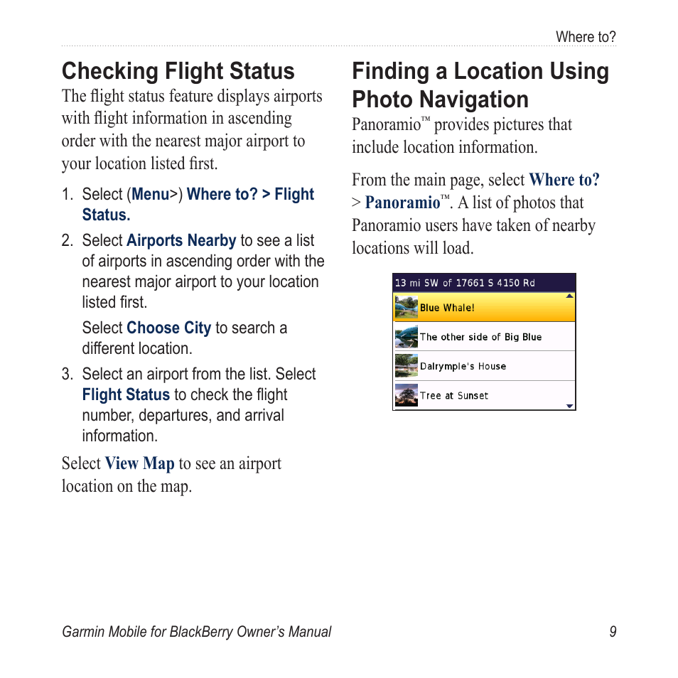 Checking flight status, Finding a location using photo navigation, Checking.flight.status | Finding.a.location.using.photo, Navigation | Garmin Mobile for BlackBerry User Manual | Page 13 / 28