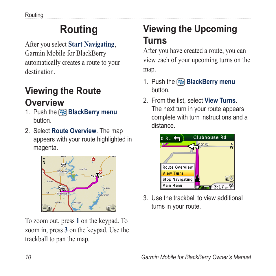 Routing, Viewing the route overview, Viewing the upcoming turns | Viewing.the.route.overview, Viewing.the.upcoming.turns, Viewing the route �verview | Garmin Mobile for BlackBerry User Manual | Page 14 / 28