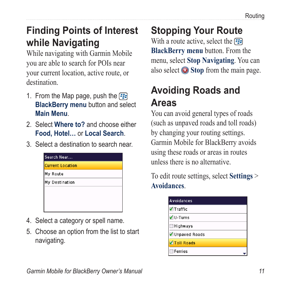 Finding points of interest while navigating, Stopping your route, Avoiding roads and areas | Finding.points.of.interest.while, Navigating, Stopping.your.route, Avoiding.roads.and.areas | Garmin Mobile for BlackBerry User Manual | Page 15 / 28