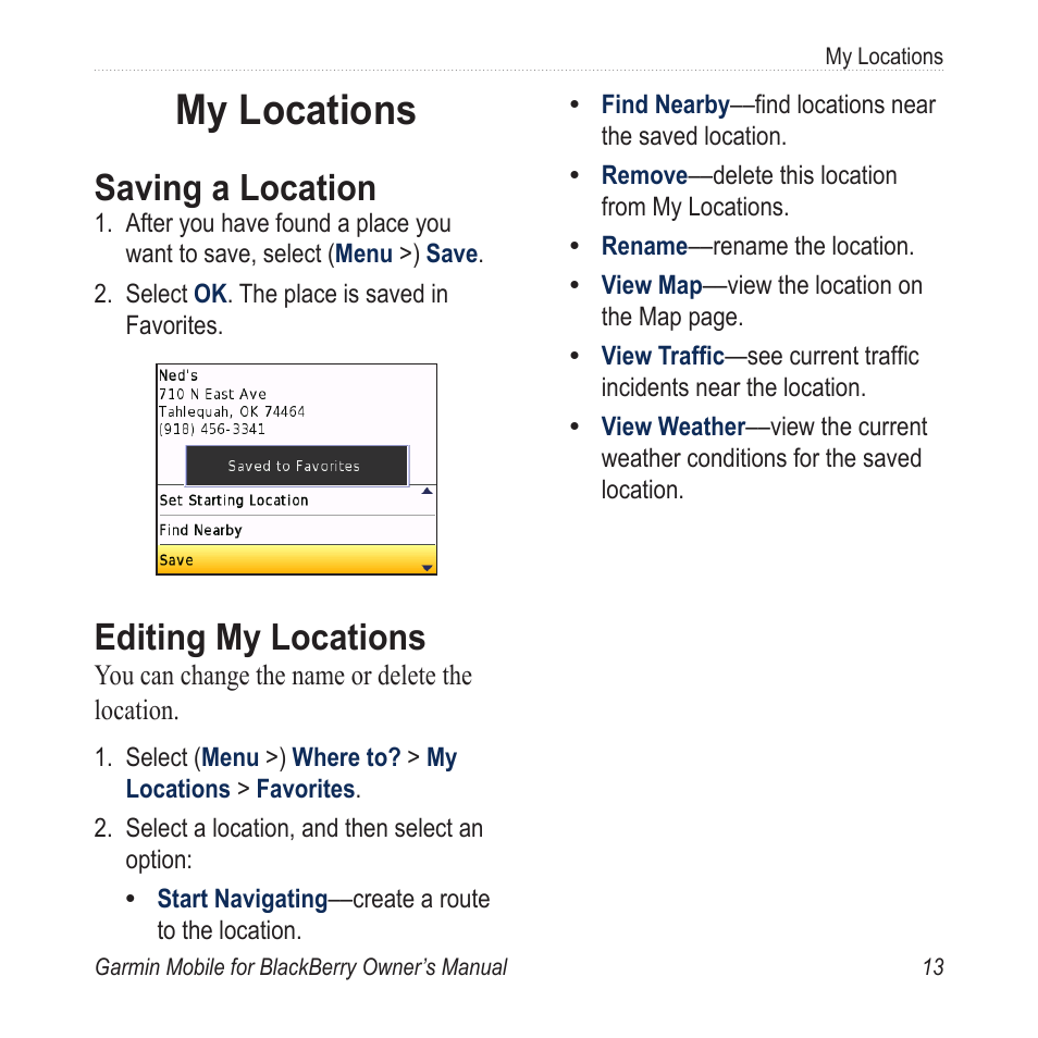 My locations, Saving a location, Editing my locations | Saving.a.location, Editing.my.locations, Locations see | Garmin Mobile for BlackBerry User Manual | Page 17 / 28