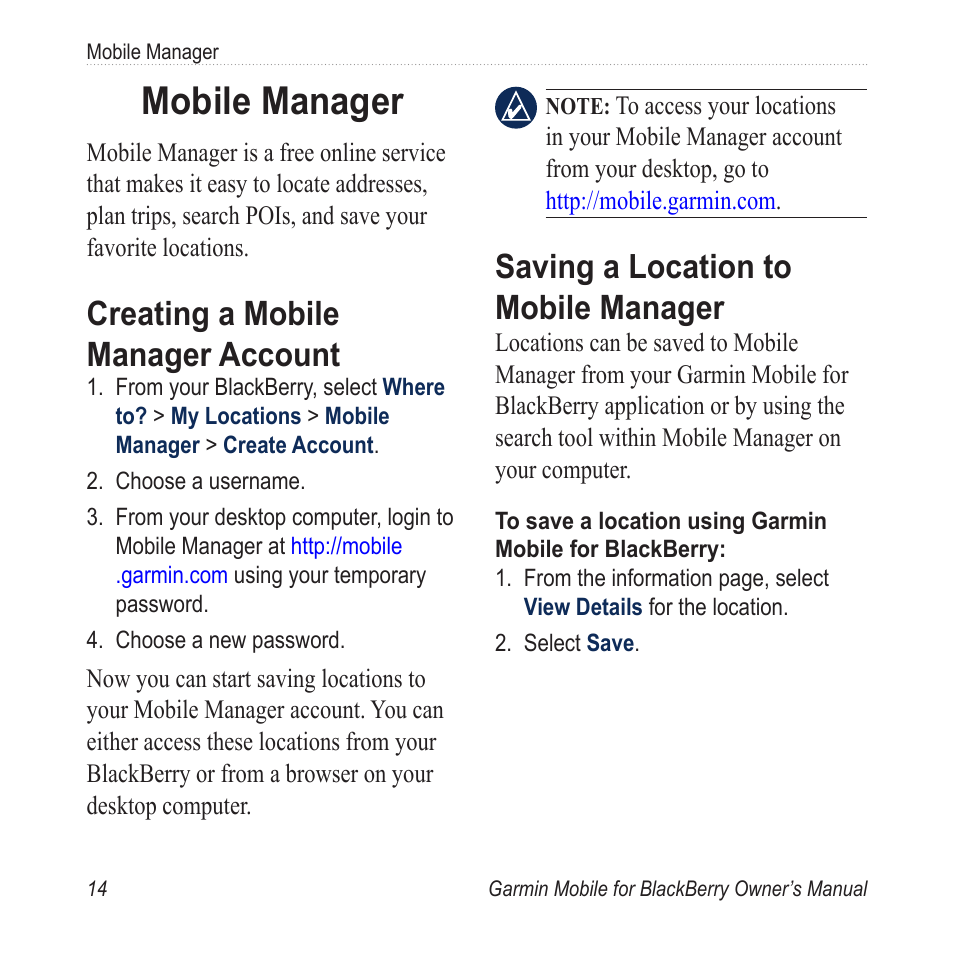 Mobile manager, Creating a mobile manager account, Saving a location to mobile manager | Creating.a.mobile, Manager.account, Saving.a.location, To.mobile.manager | Garmin Mobile for BlackBerry User Manual | Page 18 / 28