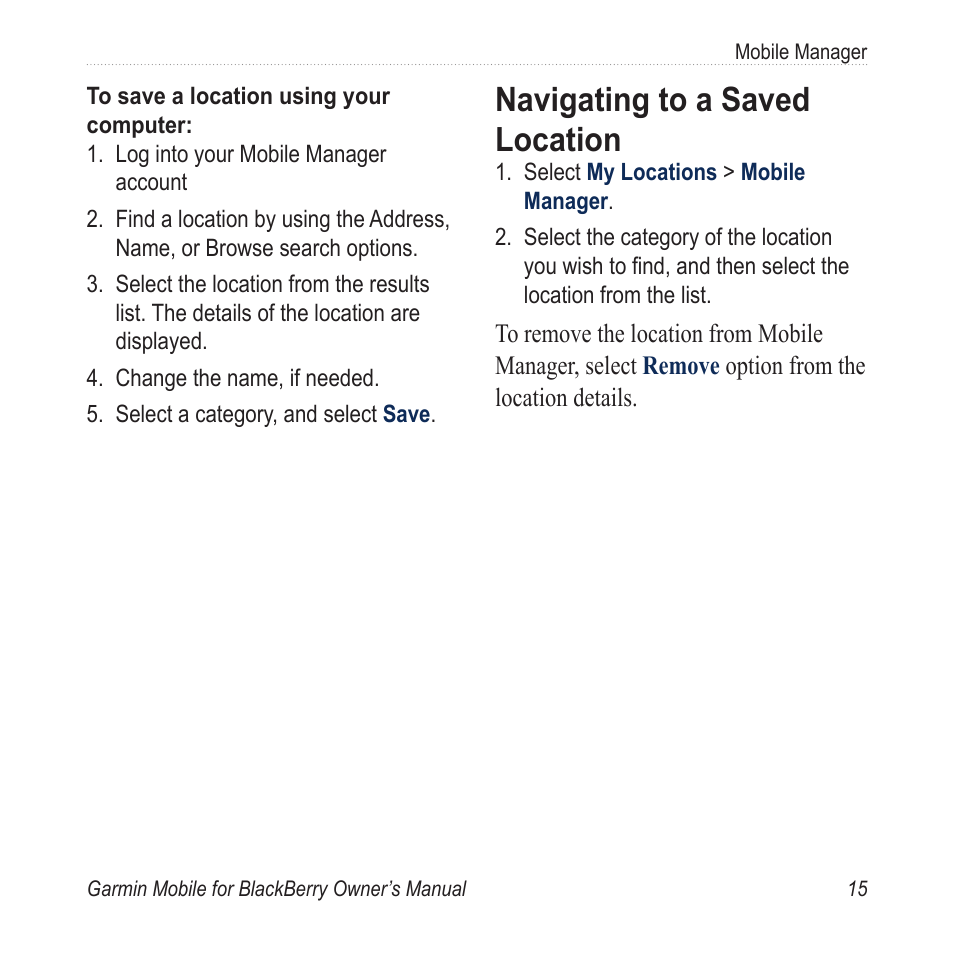 Navigating to a saved location, Navigating.to.a.saved.location | Garmin Mobile for BlackBerry User Manual | Page 19 / 28