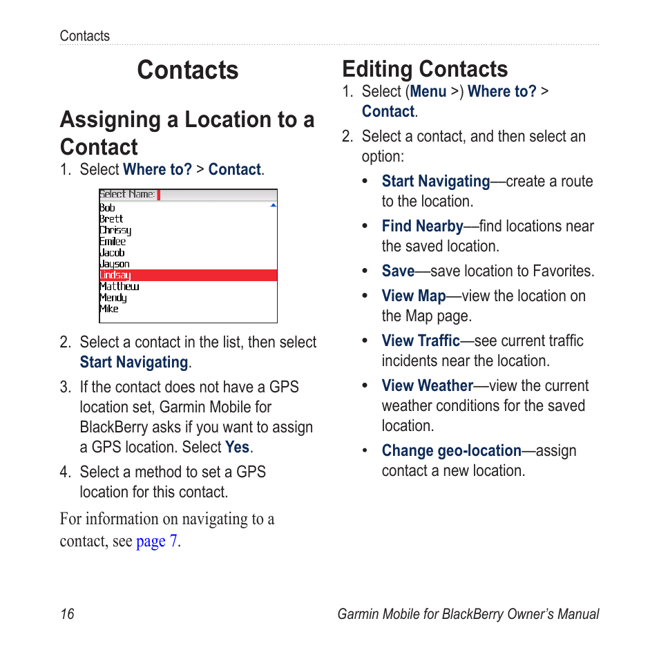 Contacts, Assigning a location to a contact, Editing contacts | Assigning.a.location.to.a.contact, Editing.contacts | Garmin Mobile for BlackBerry User Manual | Page 20 / 28