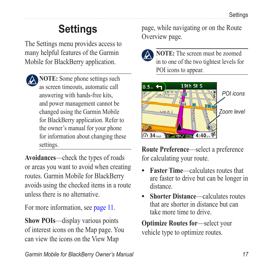 Settings | Garmin Mobile for BlackBerry User Manual | Page 21 / 28