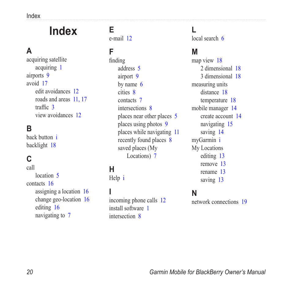 Index | Garmin Mobile for BlackBerry User Manual | Page 24 / 28