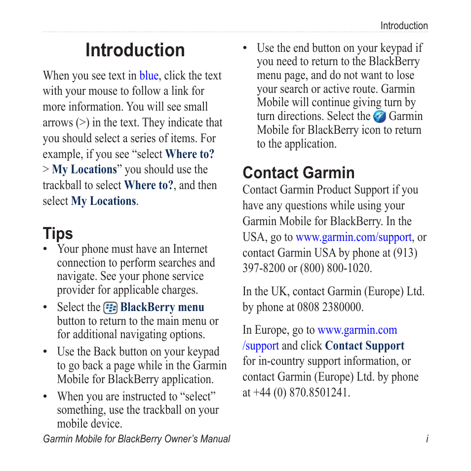 Introduction, Tips, Contact garmin | Garmin Mobile for BlackBerry User Manual | Page 3 / 28