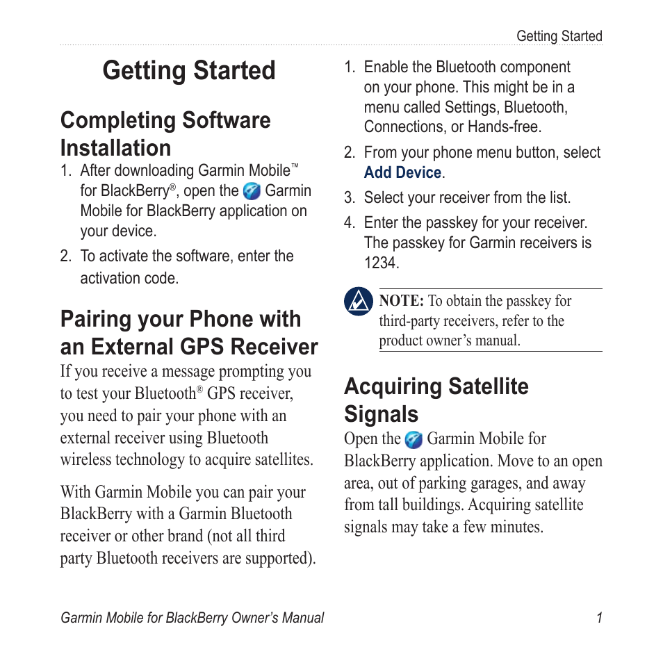 Getting started, Completing software installation, Pairing your phone with an external gps receiver | Acquiring satellite signals, Completing.software.installation, Pairing.your.phone.with.an.external, Gps.receiver, Acquiring.satellite.signals | Garmin Mobile for BlackBerry User Manual | Page 5 / 28