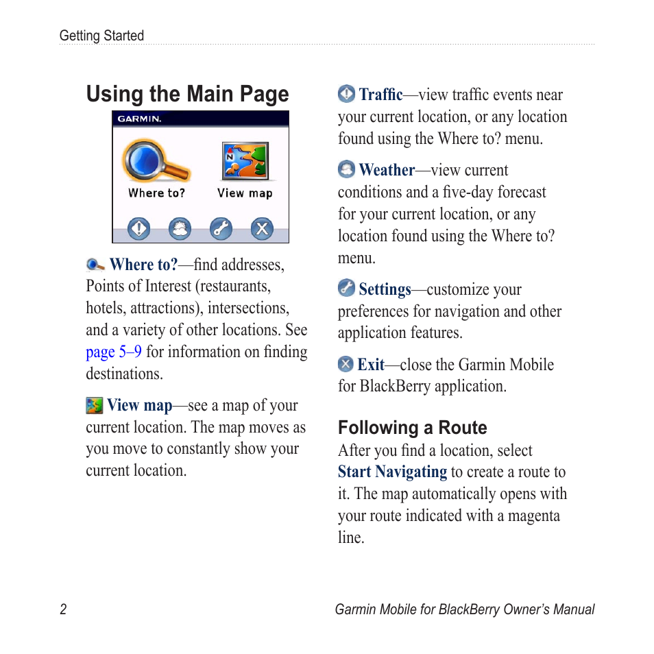 Following a route, Following.a.route, Using the main page | Garmin Mobile for BlackBerry User Manual | Page 6 / 28