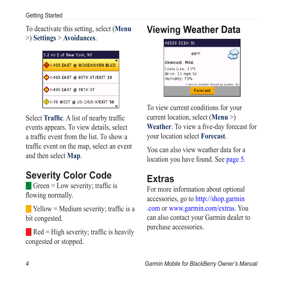 Severity color code, Viewing weather data, Extras | Viewing weather data weather data | Garmin Mobile for BlackBerry User Manual | Page 8 / 28