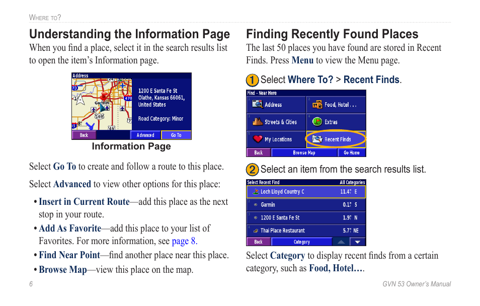 Finding recently found places, Finding.recently.found.places, Understanding the information page | Garmin GVN 53 User Manual | Page 12 / 58