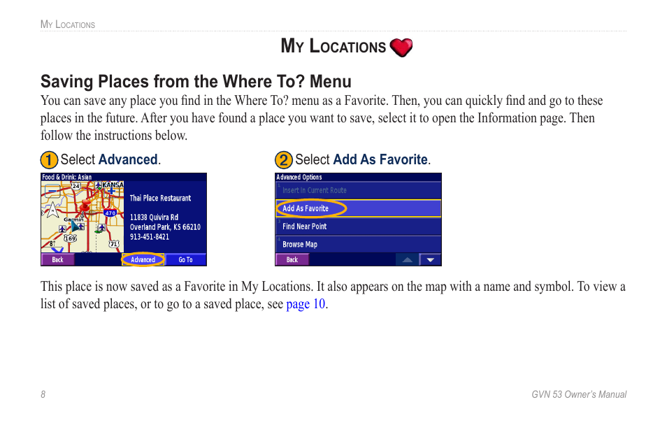 My locations, Saving places from the where to? menu, Saving.places.from.the.where.to | Menu | Garmin GVN 53 User Manual | Page 14 / 58