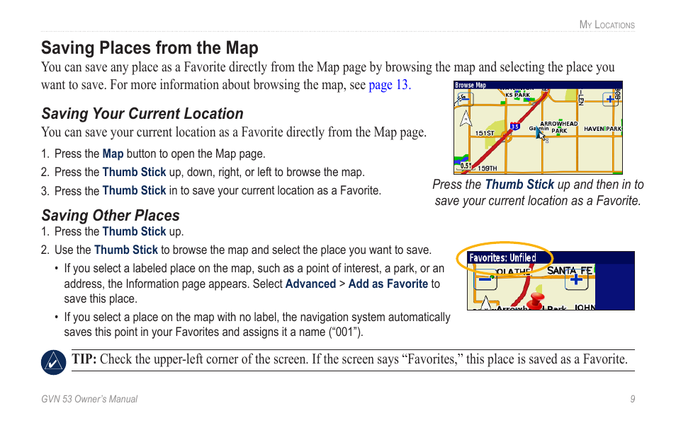Saving places from the map, Saving.places.from.the.map, Saving your current location | Saving other places | Garmin GVN 53 User Manual | Page 15 / 58