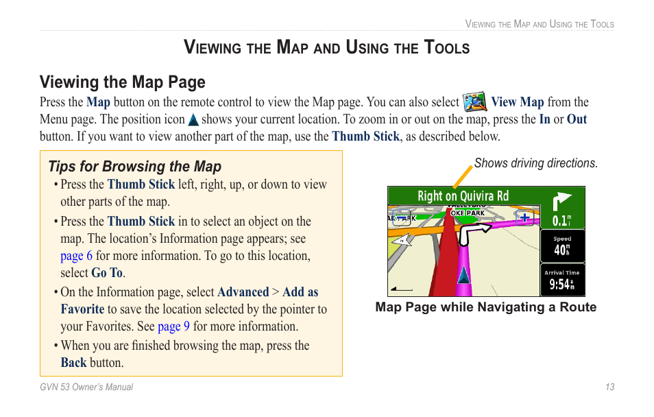 Viewing the map and using the tools, Viewing the map and using the, Tools | Viewing the map page | Garmin GVN 53 User Manual | Page 19 / 58