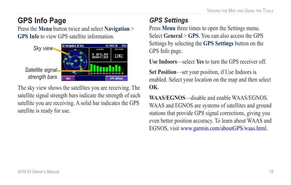 Gps info page | Garmin GVN 53 User Manual | Page 21 / 58