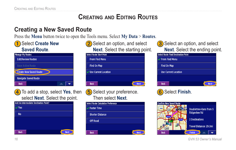 Creating and editing routes, Creating a new saved route, Creating.a.new.saved.route | Garmin GVN 53 User Manual | Page 22 / 58