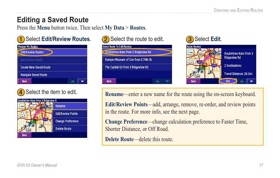 Editing a saved route, Editing.a.saved.route | Garmin GVN 53 User Manual | Page 23 / 58