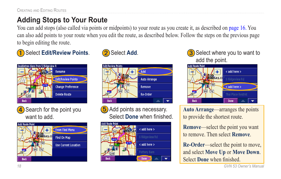 Adding stops to your route, Adding.stops.to.your.route | Garmin GVN 53 User Manual | Page 24 / 58