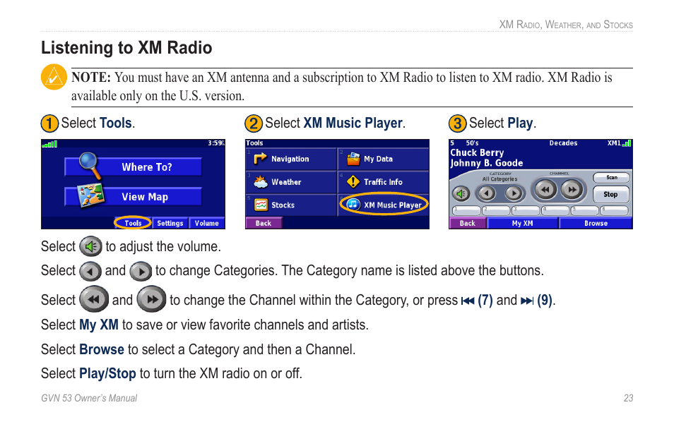 Listening to xm radio, Listening.to.xm.radio | Garmin GVN 53 User Manual | Page 29 / 58