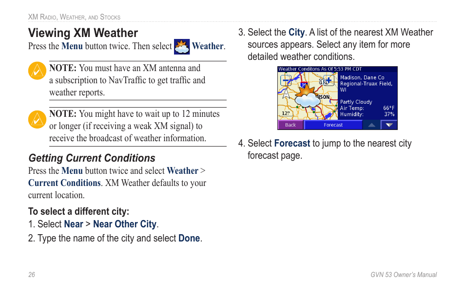 Viewing xm weather, Viewing.xm.weather | Garmin GVN 53 User Manual | Page 32 / 58