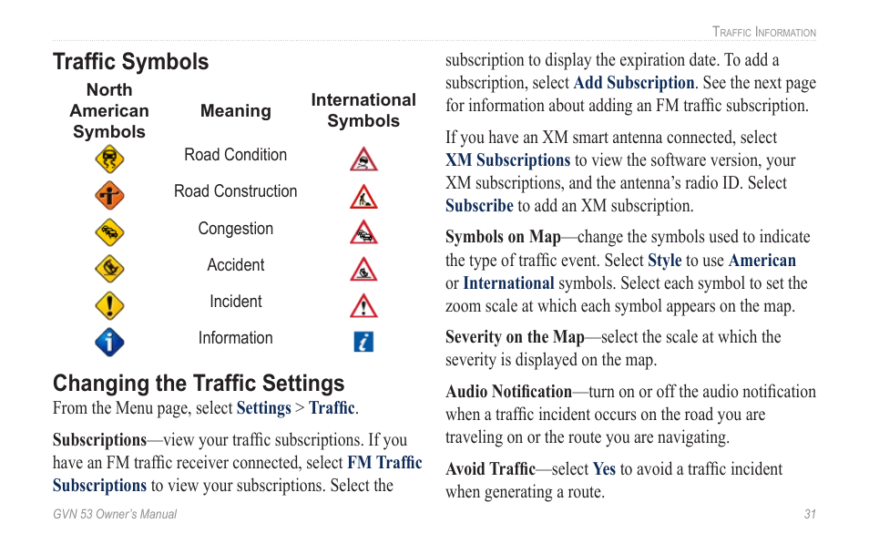 Traffic symbols, Changing the traffic settings, Changing.the.traffic settings | Garmin GVN 53 User Manual | Page 37 / 58