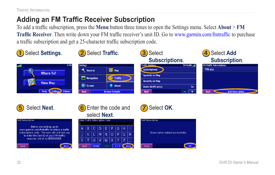 Adding an fm traffic receiver subscription, Adding.an.fm traffic receiver, Subscription | Garmin GVN 53 User Manual | Page 38 / 58