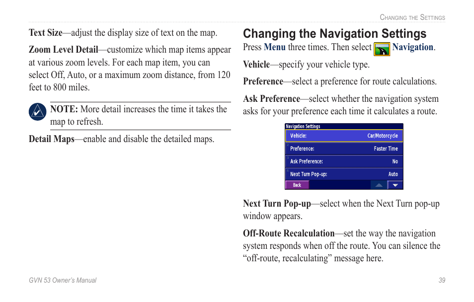Changing the navigation settings, Changing.the.navigation.settings | Garmin GVN 53 User Manual | Page 45 / 58