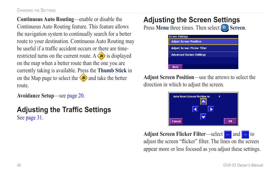 Adjusting the traffic settings, Adjusting the screen settings, Adjusting.the.screen.settings | Garmin GVN 53 User Manual | Page 46 / 58