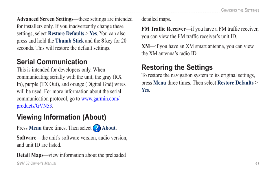 Serial communication, Restoring the settings, Serial.communication | Restoring.the.settings, Viewing information �about� information �about | Garmin GVN 53 User Manual | Page 47 / 58