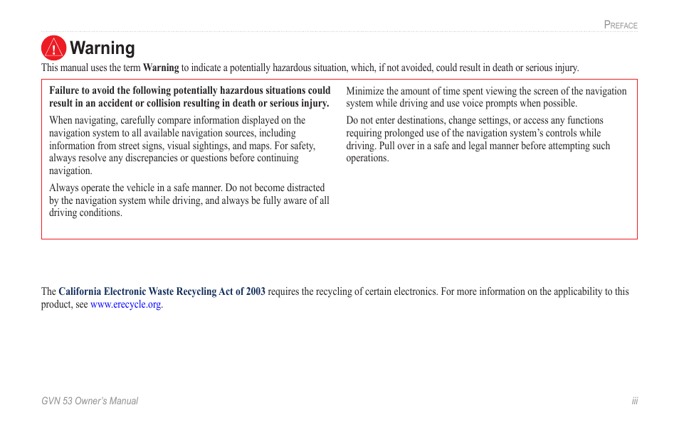 Warning | Garmin GVN 53 User Manual | Page 5 / 58