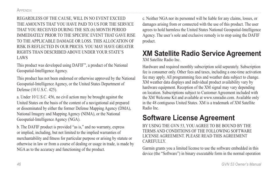 Xm satellite radio service agreement, Xm.satellite.radio.service, Agreement | Software license agreement | Garmin GVN 53 User Manual | Page 52 / 58