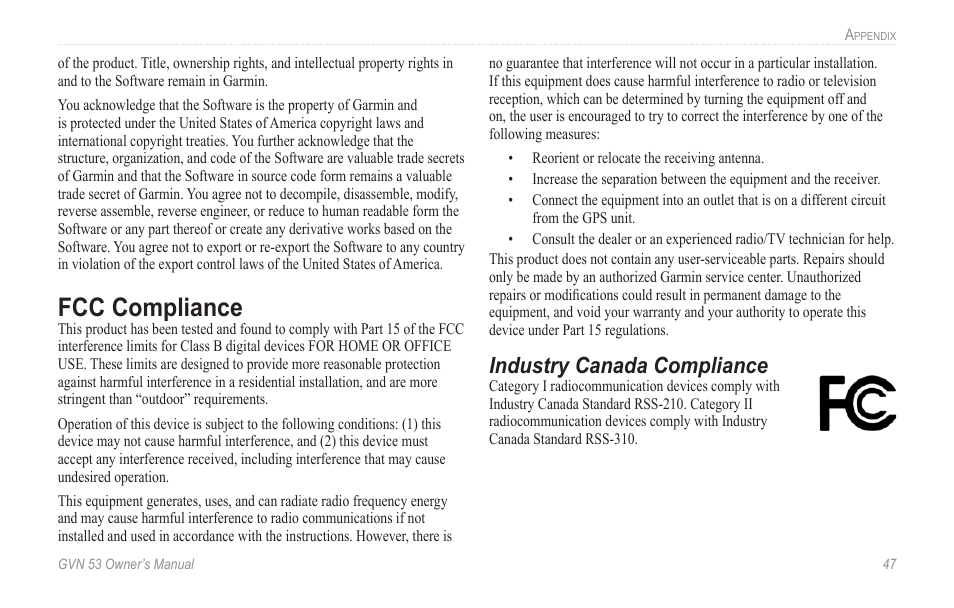 Fcc compliance, Fcc.compliance, Industry canada compliance | Garmin GVN 53 User Manual | Page 53 / 58