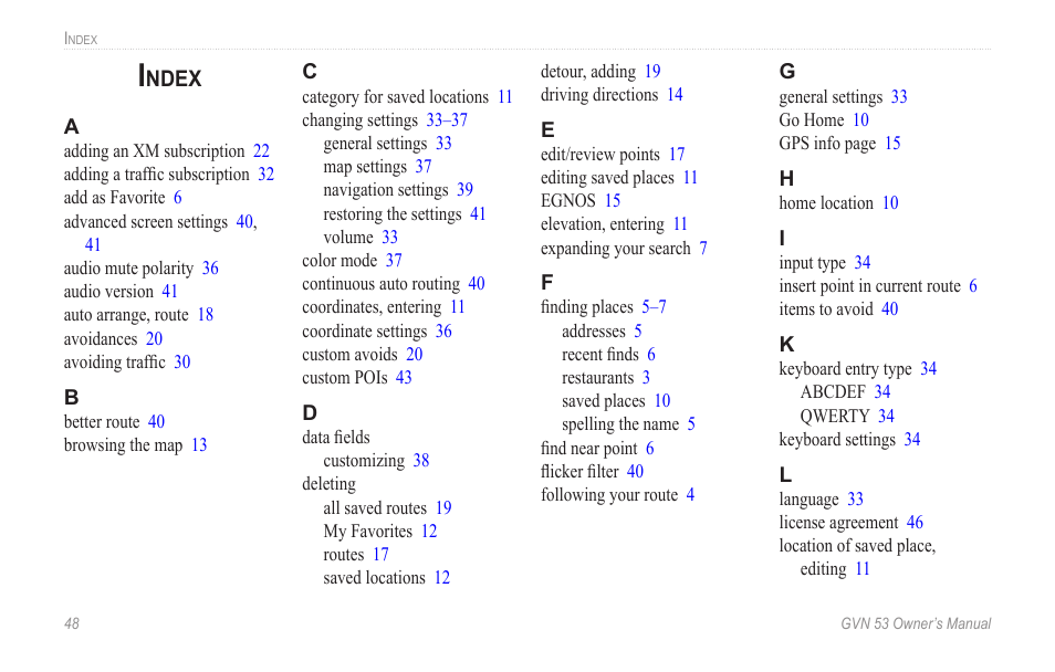 Index | Garmin GVN 53 User Manual | Page 54 / 58