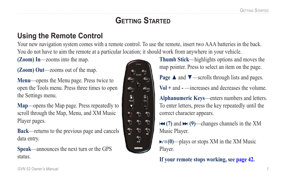 Getting started, Using the remote control, Using.the.remote.control | Etting, Tarted | Garmin GVN 53 User Manual | Page 7 / 58