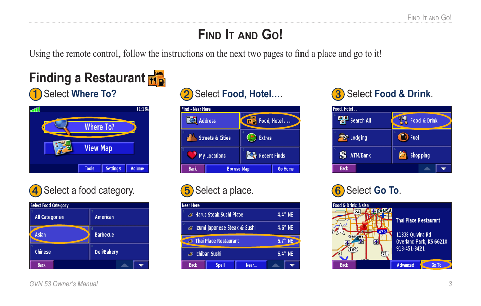 Find it and go, Finding a restaurant, Finding.a.restaurant | Garmin GVN 53 User Manual | Page 9 / 58