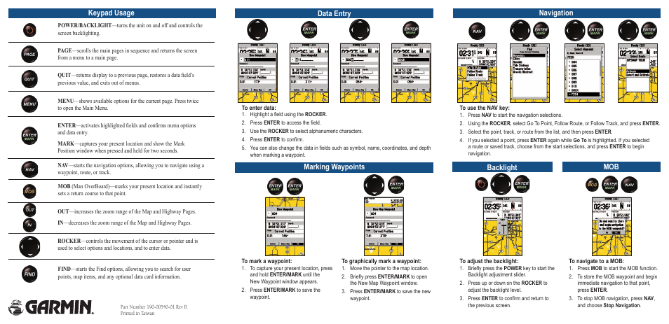 Keypad usage, Data entry, Marking waypoints | Navigation backlight | Garmin GPSMAP 192C User Manual | Page 2 / 2