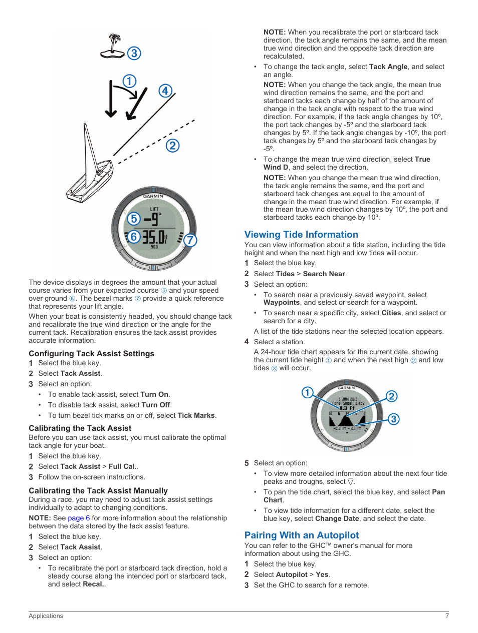 Configuring tack assist settings, Calibrating the tack assist, Calibrating the tack assist manually | Viewing tide information, Pairing with an autopilot, Viewing tide information pairing with an autopilot | Garmin quatix User Manual | Page 11 / 22